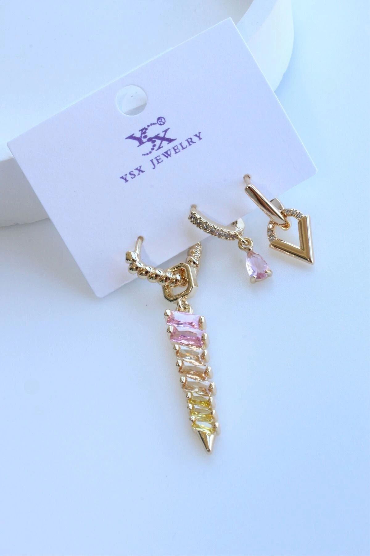 İthal Seri 3'lü Kombin Çok Renkli Zirkon Taşlı Sallantılı Kadın Çelik Küpe