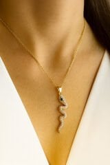 Zirkon Taşlı Zümrüt Gözlü Yılan Tasarım Renk Atmaz Kararmaz Kadın Çelik Kolye