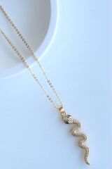 Zirkon Taşlı Zümrüt Gözlü Yılan Tasarım Renk Atmaz Kararmaz Kadın Çelik Kolye