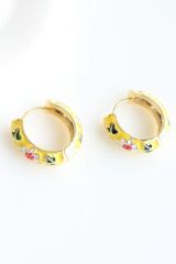 Mineli Renkli Çiçek Motifli Halka Tasarım Kararmaz Renk Atmaz Kadın Çelik Küpe