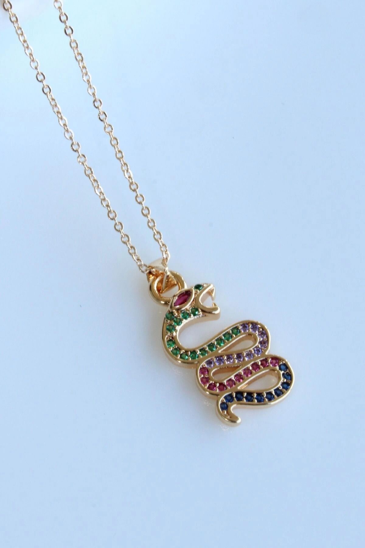 Renkli Taşlı Yılan Tasarım Renk Atmaz Kararmaz Kadın Çelik Kolye