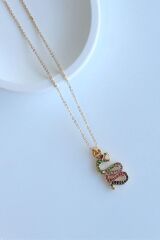 Renkli Taşlı Yılan Tasarım Renk Atmaz Kararmaz Kadın Çelik Kolye