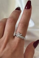 İthal Seri Zarif Zirkon Taşlı İkili Yaprak Tasarım Ayarlanabilir Kadın Çelik Yüzük