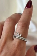 İthal Seri Zarif Zirkon Taşlı İkili Yaprak Tasarım Ayarlanabilir Kadın Çelik Yüzük