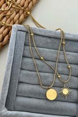 Premium Seri Kuzey Yıldızı Güneş Figürlü İtalyan Toplu Zincir Detaylı 45 Cm Kadın Çelik Kolye