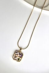 Vintage Kare Burgu Kenarlı Mor Çiçek Motifli 3d Tablo Tasarım Kadın Çelik Kolye