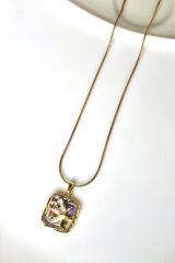 Vintage Kare Burgu Kenarlı Mor Çiçek Motifli 3d Tablo Tasarım Kadın Çelik Kolye