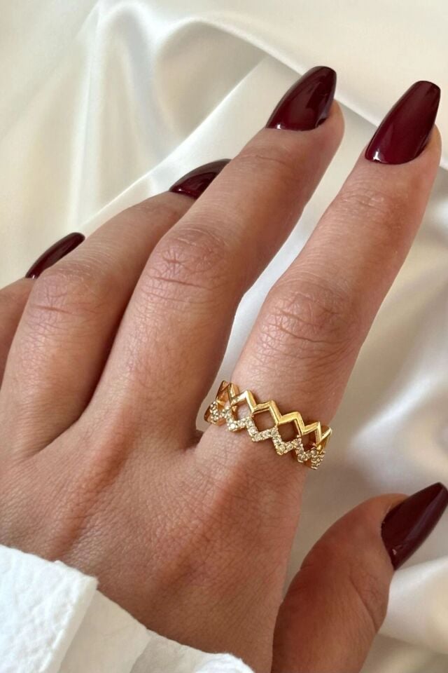 Wave Tasarım Zirkon Taşlı Ayarlanabilir Kadın Yüzük Gold