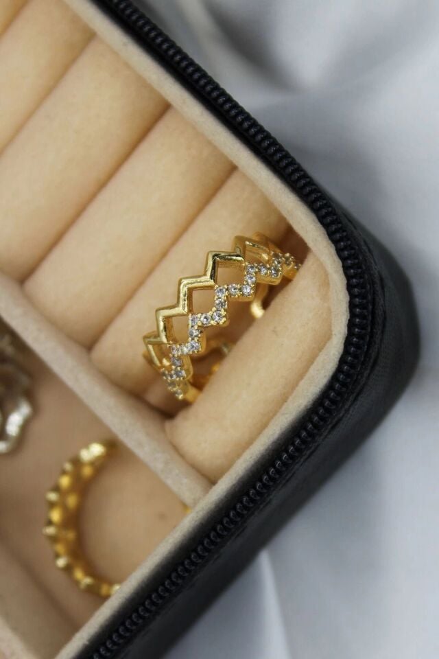 Wave Tasarım Zirkon Taşlı Ayarlanabilir Kadın Yüzük Gold