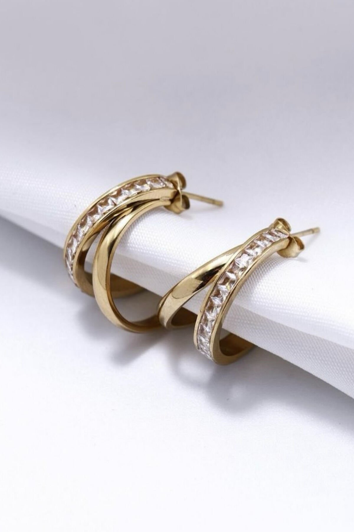 Premium Seri Dual Grace Tasarım İkili Görünüm Baget Zirkon Taş Detaylı Kadın Çelik Küpe