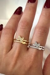 Özel Tasarım Kelebek Model İkili İnce Yarım Tur Zirkon Taşlı Ayarlanabilir Kadın Yüzük