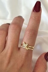 Özel Tasarım Kelebek Model İkili İnce Yarım Tur Zirkon Taşlı Ayarlanabilir Kadın Yüzük