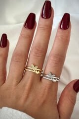 Özel Tasarım Kelebek Model İkili İnce Yarım Tur Zirkon Taşlı Ayarlanabilir Kadın Yüzük