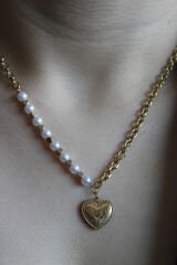 Exclusive Seri Kalp Uçlu İncili Kare Toplu Zincirli Model Kadın Çelik Kolye