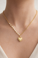 Exclusive Seri Kalp Uçlu İncili Kare Toplu Zincirli Model Kadın Çelik Kolye