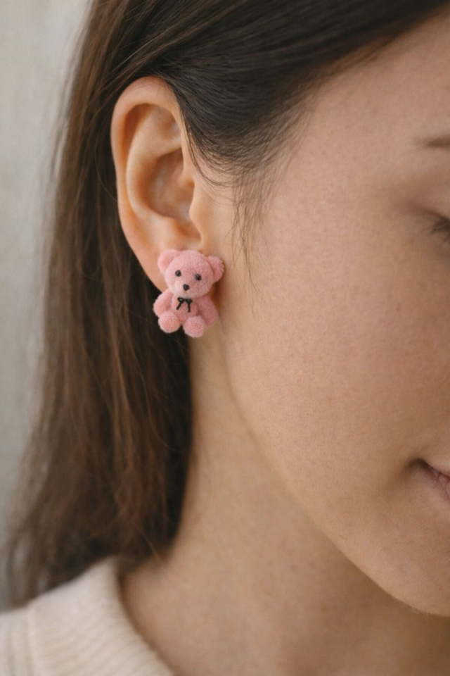 Ünlü Teddy Model Peluş Ayıcık Gümüş İğneli Kadın Bijuteri Küpe Pembe