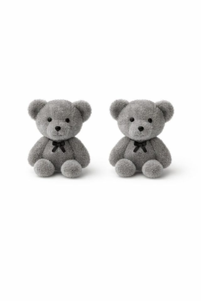 Ünlü Teddy Model Peluş Ayıcık Gümüş İğneli Kadın Bijuteri Küpe Gri