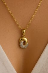 Zarif Zirkon Taşlı Tasarım Gold Gümüş Renk Atmaz Kararmaz Kadın Çelik Kolye