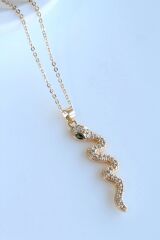 Zirkon Taşlı Zümrüt Gözlü Yılan Tasarım Renk Atmaz Kararmaz Kadın Çelik Kolye