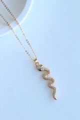 Zirkon Taşlı Zümrüt Gözlü Yılan Tasarım Renk Atmaz Kararmaz Kadın Çelik Kolye