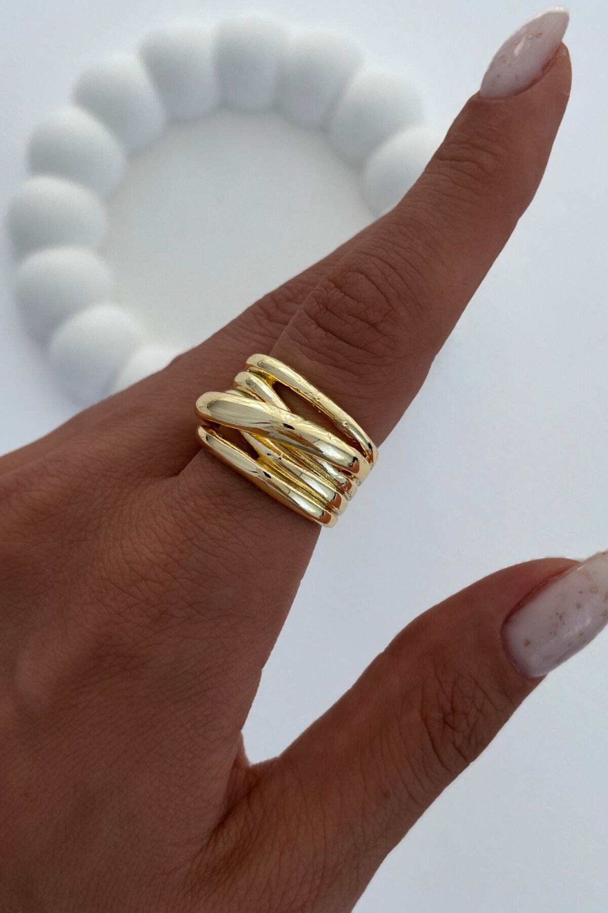 Özel Seri Cilalı İç İçe Geçmiş Çoklu Halka Model Geniş Bombe Tasarım Ayarlanabilir Kadın Çelik Yüzük