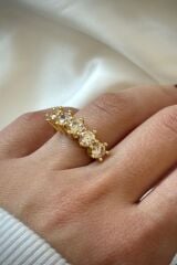 Özel Seri Büyük Taşlı Klasik 5 Taş Tasarım Ayarlanabilir Kadın Çelik Yüzük Gold