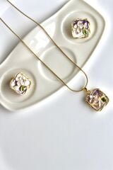 Vintage Kare Burgu Kenarlı Mor Çiçek Motifli 3d Tablo Tasarım Kadın Çelik Kolye