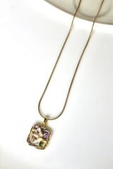 Vintage Kare Burgu Kenarlı Mor Çiçek Motifli 3d Tablo Tasarım Kadın Çelik Kolye