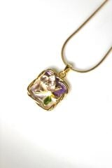 Vintage Kare Burgu Kenarlı Mor Çiçek Motifli 3d Tablo Tasarım Kadın Çelik Kolye