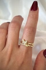 Özel Tasarım Kelebek Model İkili İnce Yarım Tur Zirkon Taşlı Ayarlanabilir Kadın Yüzük