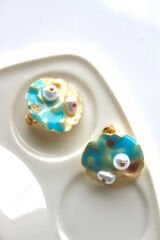 Vintage Incili Istiridye Motifli 3d Tablo Tasarım Kadın Çelik Küpe