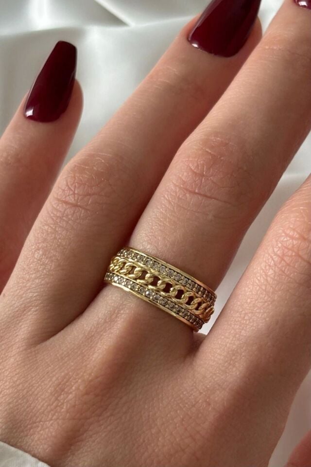 Premium Seri Gurmet Zincirli Model Tasarım Ayarlanabilir Kadın Çelik Yüzük Gold