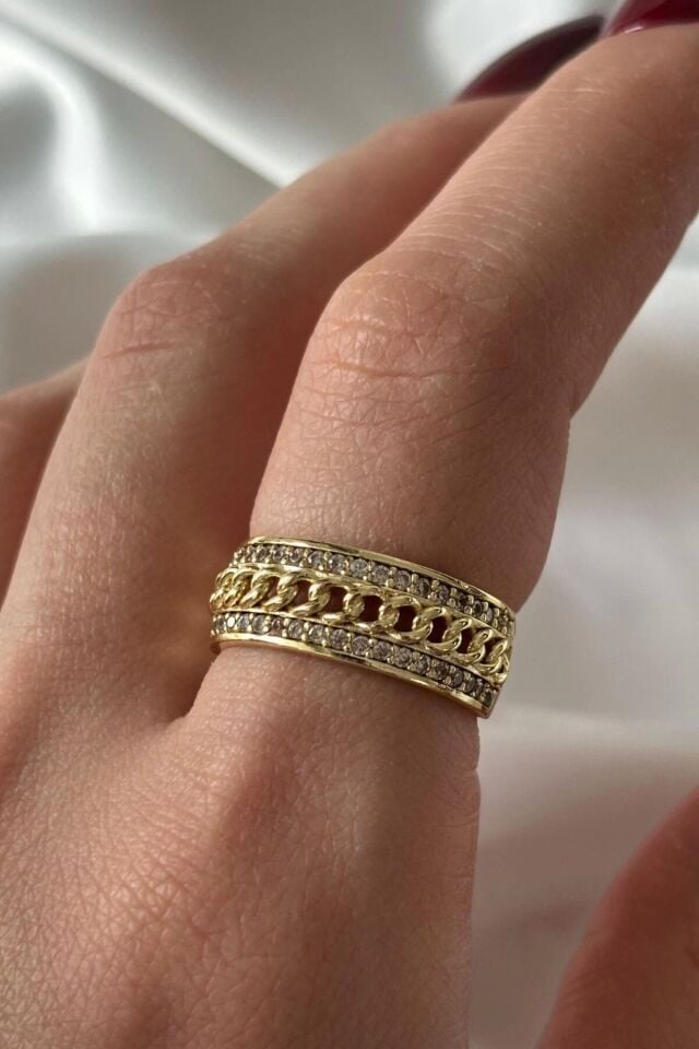 Premium Seri Gurmet Zincirli Model Tasarım Ayarlanabilir Kadın Çelik Yüzük Gold