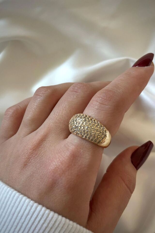 Özel Tasarım Minimalist Full Beyaz Taşlı Bombe Tasarım Ayarlanabilir Kadın Çelik Yüzük Gold