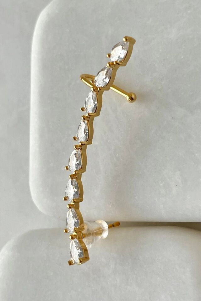Dizi Damla Zirkon Taşlı Kıkırdaklı Earcuff Küpe Gold Gold