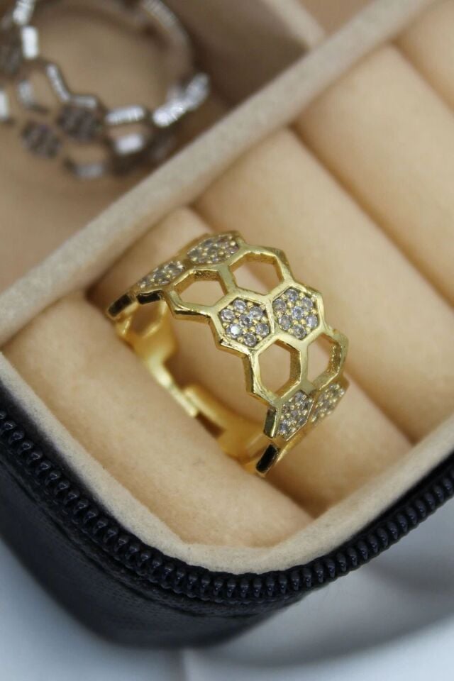 İkili Bal Peteği Tasarım Zirkon Taşlı Ayarlanabilir Kadın Yüzük Gold