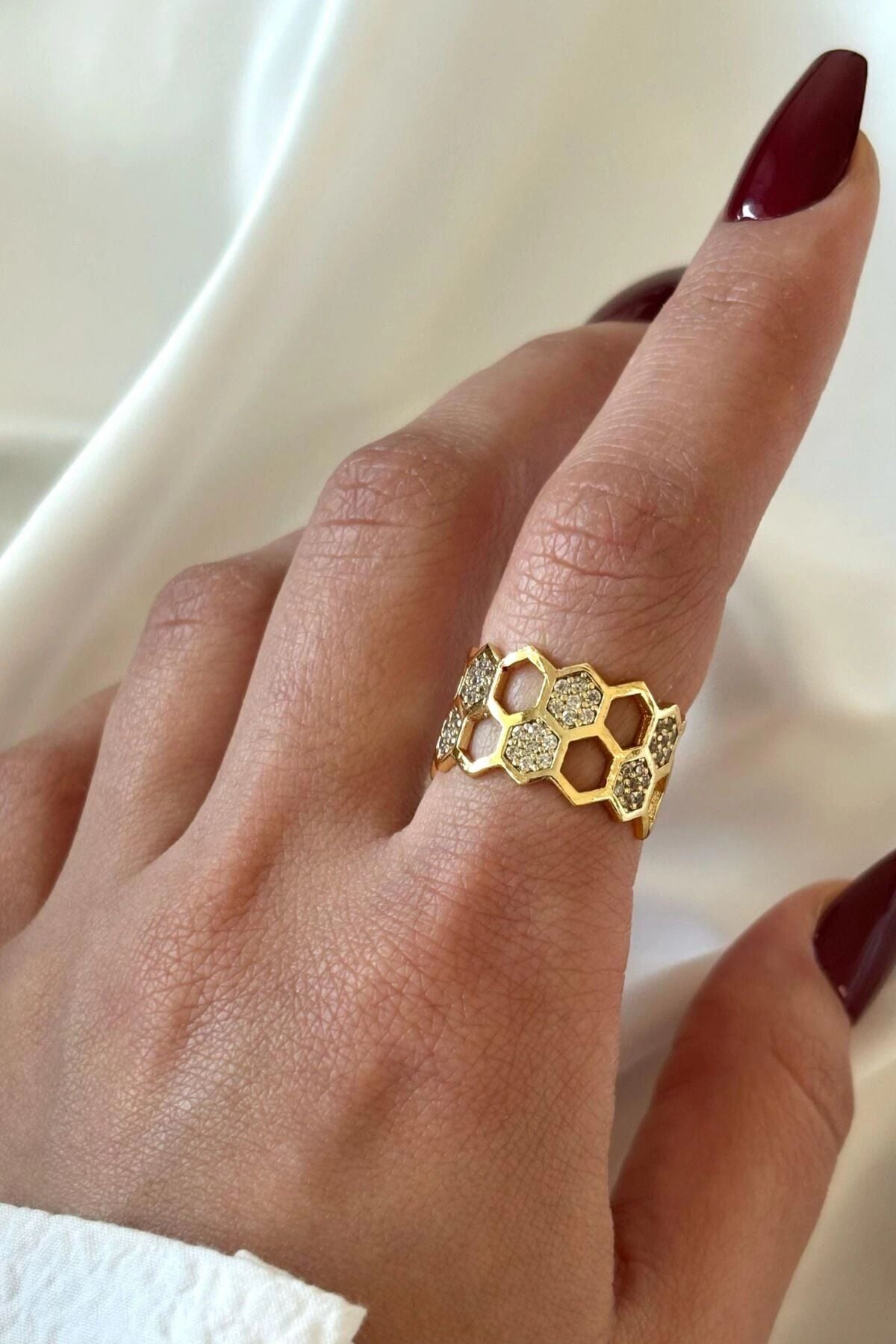 İkili Bal Peteği Tasarım Zirkon Taşlı Ayarlanabilir Kadın Yüzük Gold