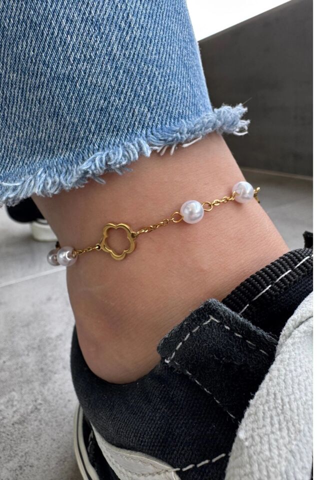 İncili Yonca Model Kadın Çelik Halhal Gold