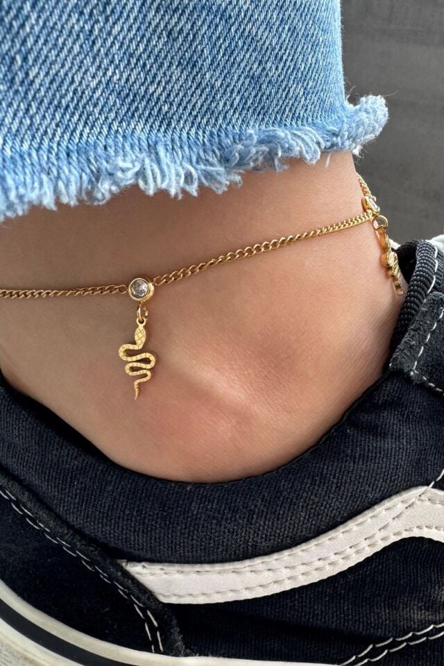 Sallantılı Yılan Model Kadın Çelik Halhal Gold