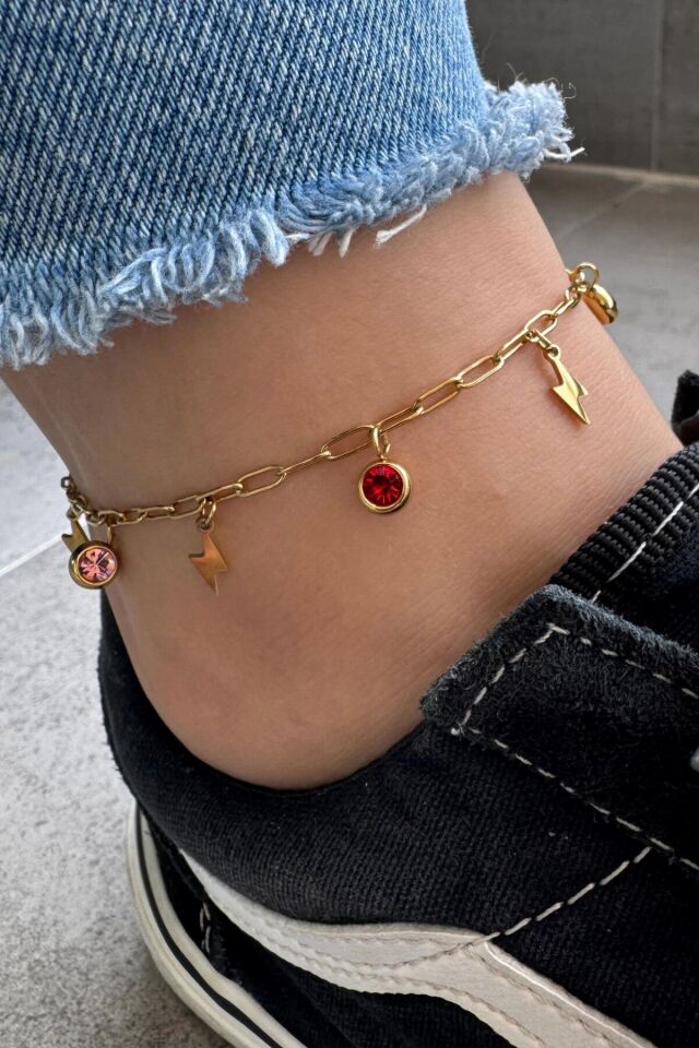 Renkli Zirkon Taşlı Şimşek Model Kadın Çelik Halhal Gold