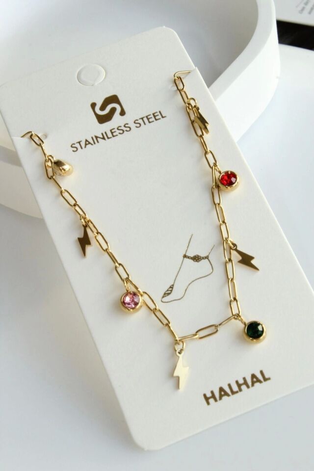 Renkli Zirkon Taşlı Şimşek Model Kadın Çelik Halhal Gold