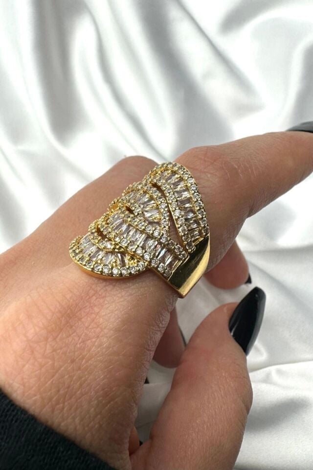 Yeni Sezon Baget Taşlı Özel Tasarım Büyük Sonsuzluk Ayarlanabilir Kadın Çelik Yüzük Gold