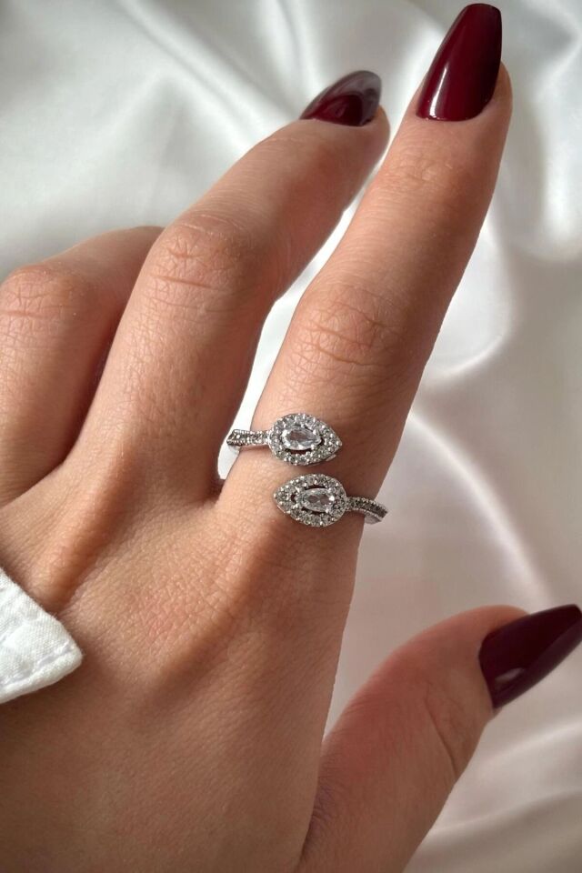 Premium Seri Bead Model Zirkon Taşlı Damla Tasarım Üstten Ayarlanabilir Kadın Çelik Yüzük Gümüş