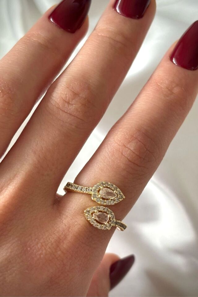 Premium Seri Bead Model Zirkon Taşlı Damla Tasarım Üstten Ayarlanabilir Kadın Çelik Yüzük Gold