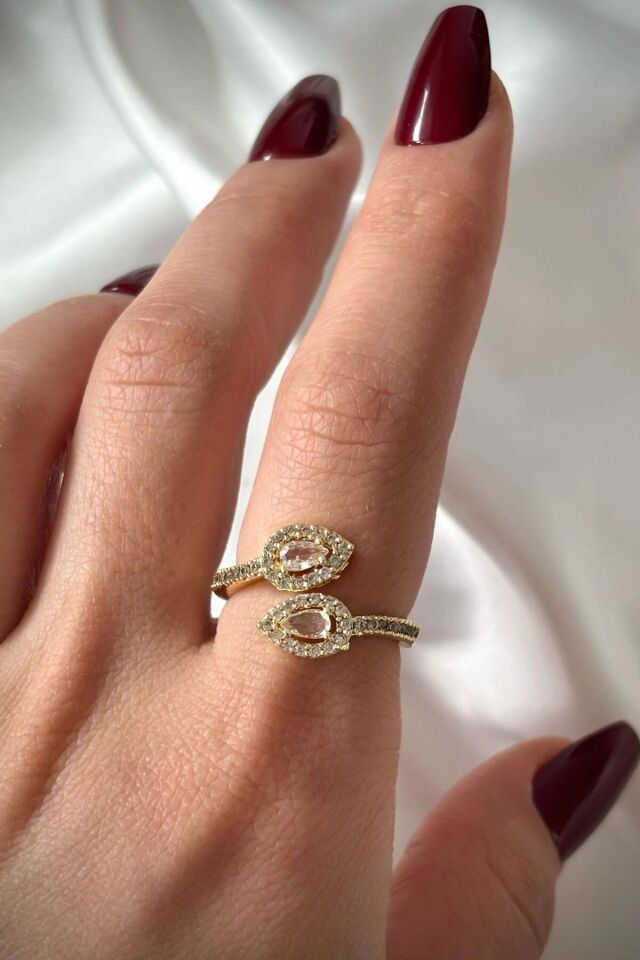 Premium Seri Bead Model Zirkon Taşlı Damla Tasarım Üstten Ayarlanabilir Kadın Çelik Yüzük Gold