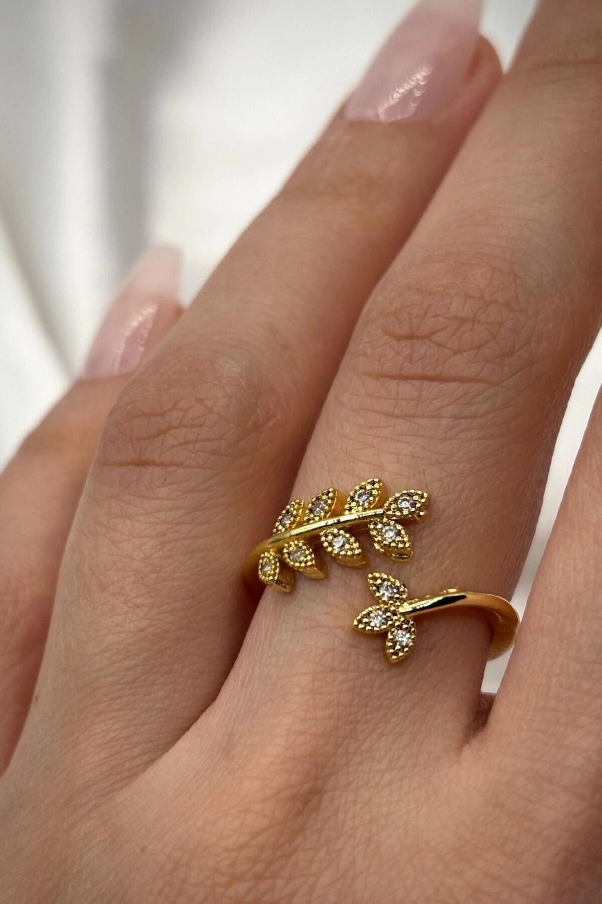 Vintage Seri Barış Sembolü Taşlı Zeytin Dalı Tasarım Model Ayarlanabilir Kadın Çelik Yüzük Gold