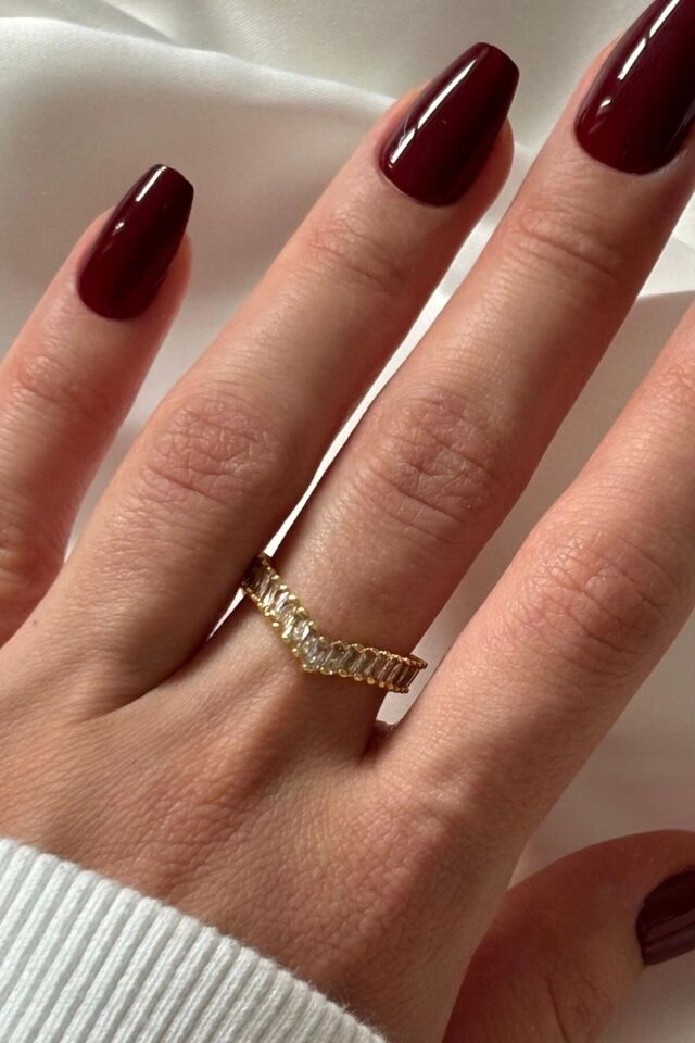 Yeni Sezon V Model Baget Zirkon Taşlı Ayarlanabilir Kadın Çelik Yüzük Gold