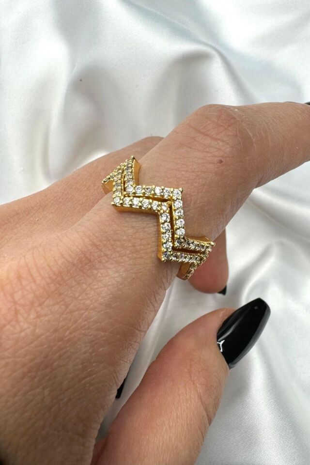 Özel Seri Çift Görünüm Zikzak Model Zirkon Taşlı Ayarlanabilir Kadın Tasarım Çelik Yüzük Gold