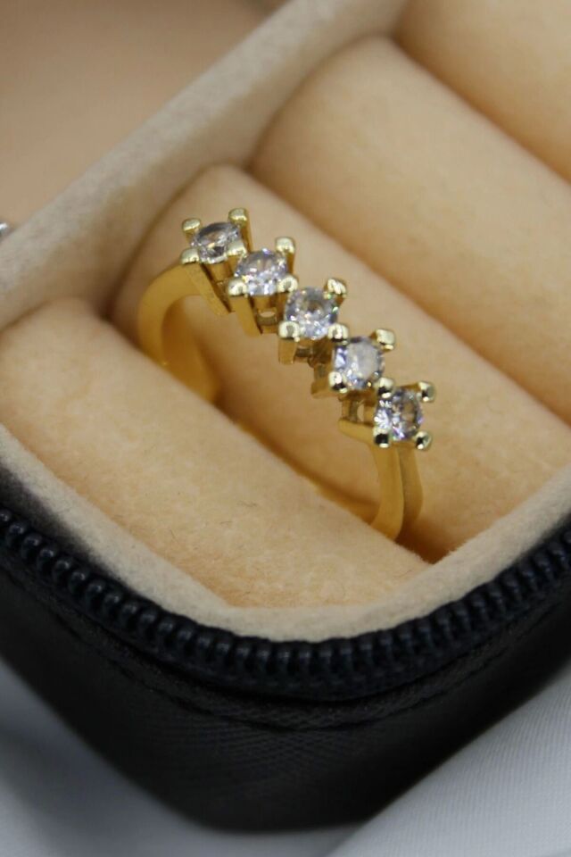 Klasik Mini Zirkon Taşlı 5 Taş Ayarlanabilir Kadın Yüzük Gold