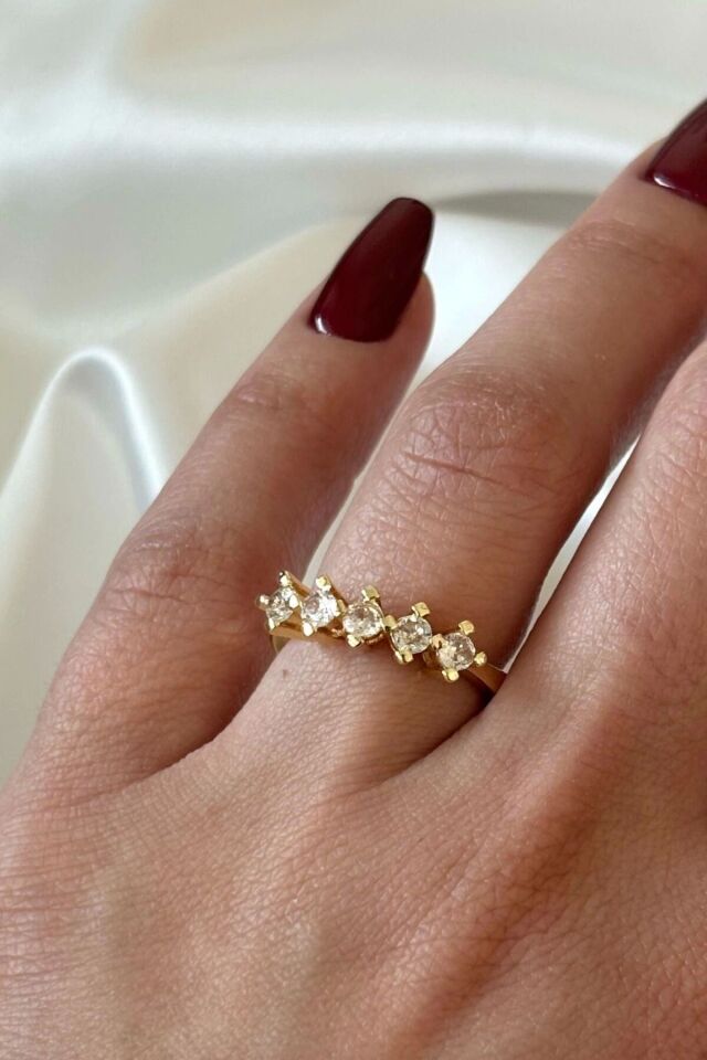 Klasik Mini Zirkon Taşlı 5 Taş Ayarlanabilir Kadın Yüzük Gold